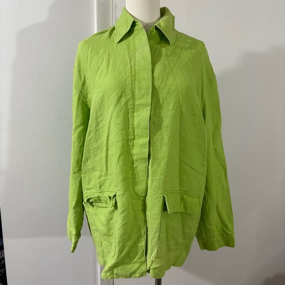Bloomingdales 100% Linen Lime Green Jacket Shirt Button Down Womens Sz 12 Easter - Picture 10 of 15